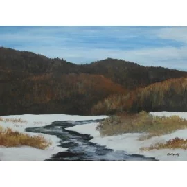 Painting - Acrylic on hardboard - Winter stream - Peter Leškovský