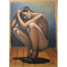 Painting - pastel - squatting woman- Ján Radvanský