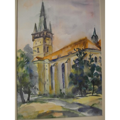 Akvarel, Prešov - Kostol Sv.Mikuláša - ručne maľovaný obraz 
