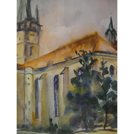 Akvarel, Prešov - Kostol Sv.Mikuláša - ručne maľovaný obraz 