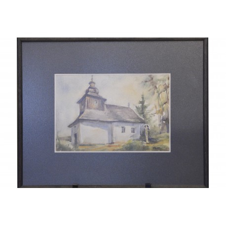 Akvarel, Drevený kostolík - ručne maľovaný obraz 