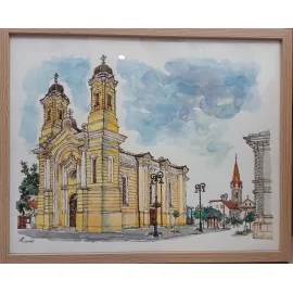 Painting - Watercolor - View of the Greek Catholic and Dominican Church - Ľudmila Studenniková