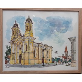 Obraz - Akvarel - Pohľad na gréckokatolícky a dominikánsky kostol - Akad. mal. Ľudmila Studenniková