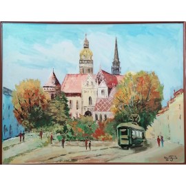 Obraz-olejomaľba na kartóne - Košice s električkou - Akad. mal. Varuzhan Aghamyan
