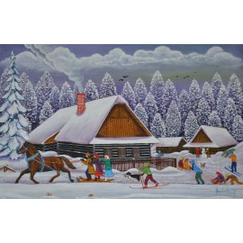 Originálny insitný ručne maľovaný obraz-Ždiarska zima 