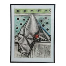 Obraz -kresba uhlíkom, olej.pastelom-Zátišie s červeným jabĺčkom- Mgr. Zuzana Čarnoká