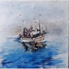 Rybársky čln - Akad. mal. Igor Navrotskyi, ručne maľovaný obraz