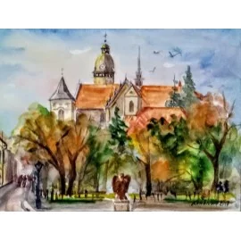 Obraz- Akvarel- Košice v jeseni- Mária Lenárdová