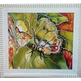 Painting - Painting on silk - Butterfly in a white frame -PhDr. Elena Ruta-Marchallé