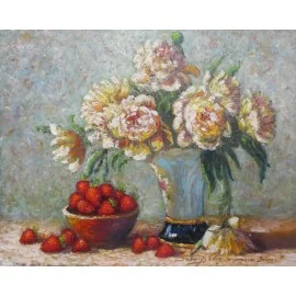 Michal Sabo Balog - Painting - Oil painting - Peonies with strawberries