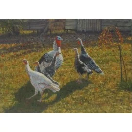 Painting - Oil painting- Turkeys in the yard - Michal Sabo Balog